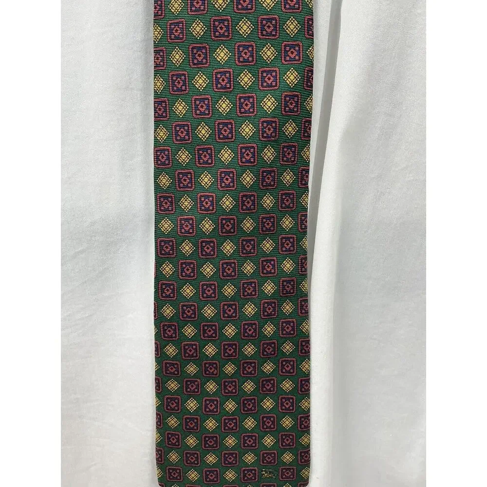 Vintage Burberrys Of‎ London Tie Silk Green Red Gold Geometric Print